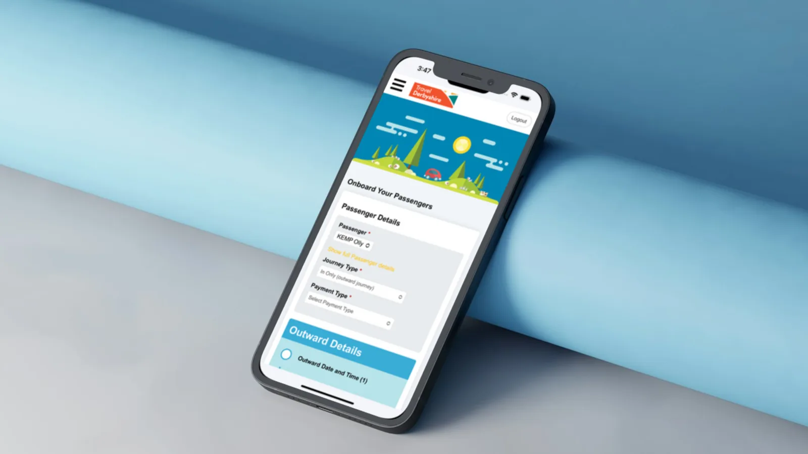 The Travel Derbyshire on Demand passenger booking app, running on Road XS