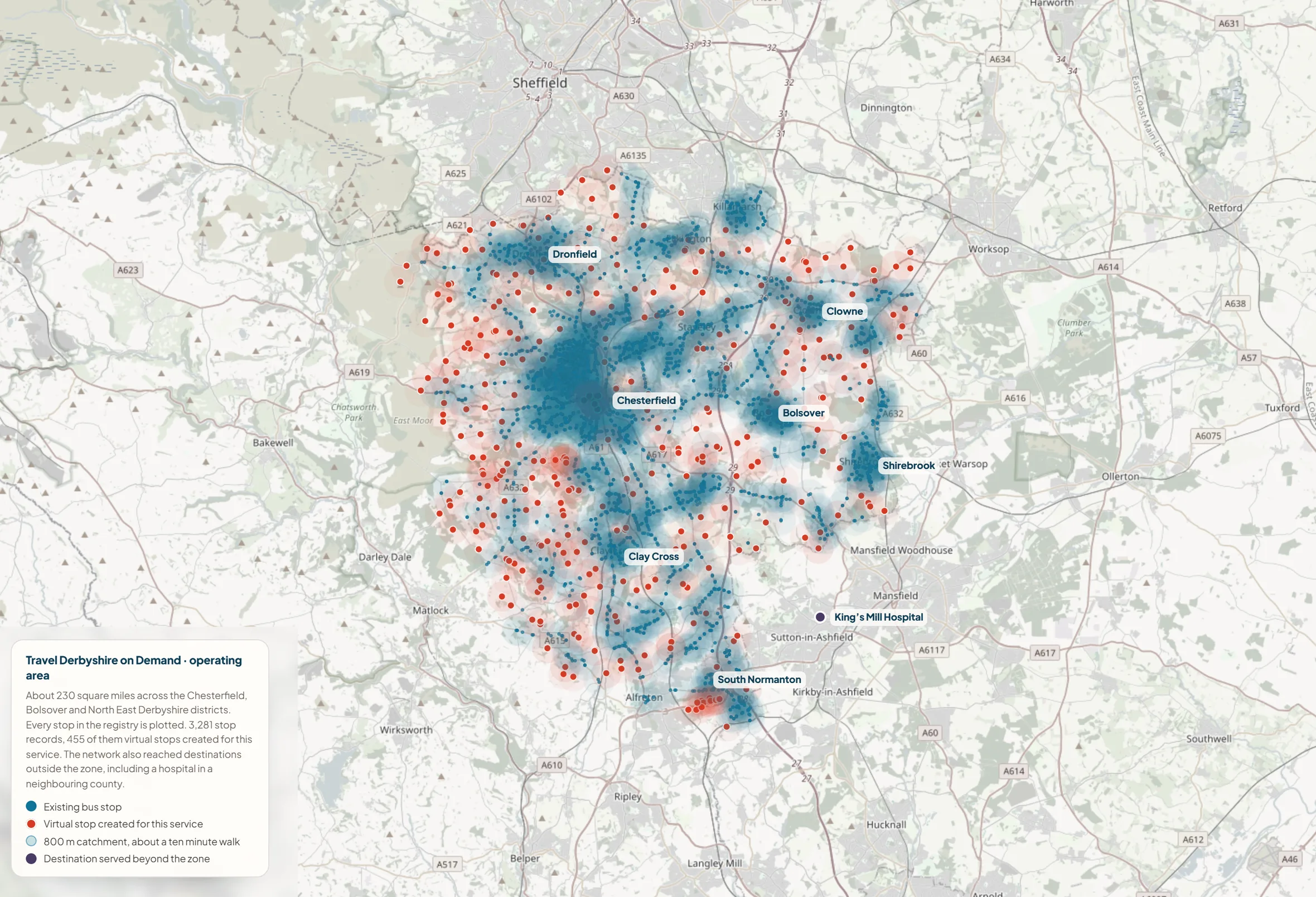 Map of the Travel Derbyshire on Demand operating area, showing all 3,281 stops with their 800 metre catchments